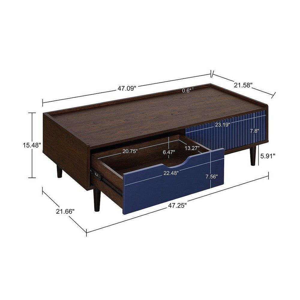 Duane Modern Ribbed Coffee Table with Drawer and Shelf in Dark Brown and Navy Blue MHC-CT-11GLF-NB