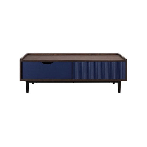 Duane Modern Ribbed Coffee Table with Drawer and Shelf in Dark Brown and Navy Blue