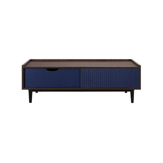 Duane Modern Ribbed Coffee Table with Drawer and Shelf in Dark Brown and Navy Blue