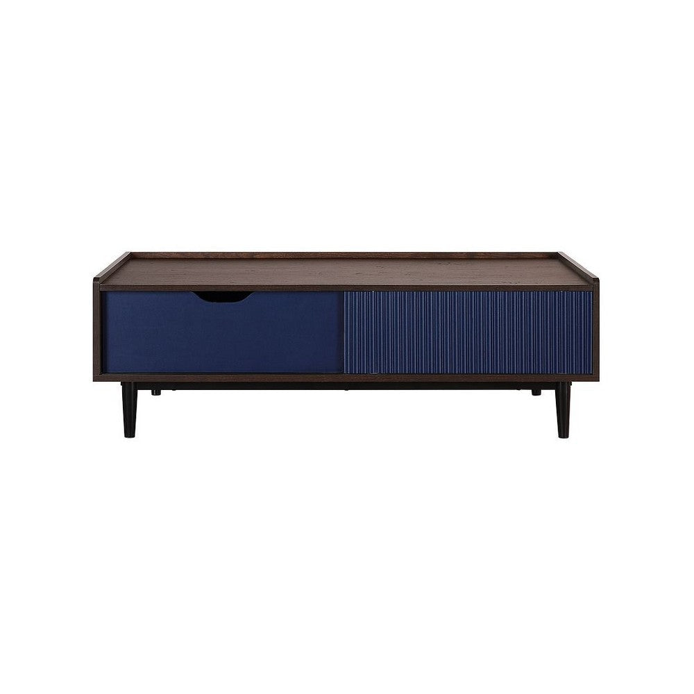 Duane Modern Ribbed Coffee Table with Drawer and Shelf in Dark Brown and Navy Blue