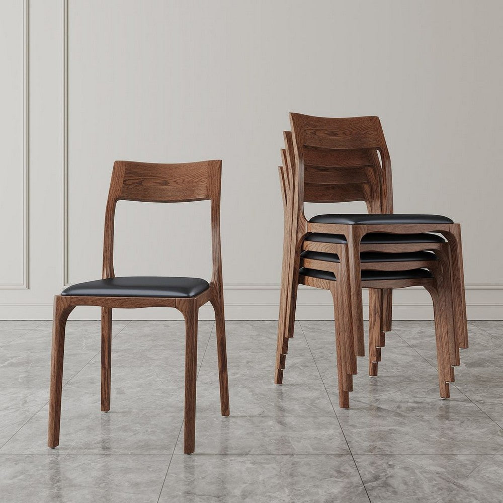 Modern Moderno Stackable Dining Chair Upholstered in Leatherette with Solid Wood Frame in Walnut and Black- Set of 2 MHC-DC070-BK