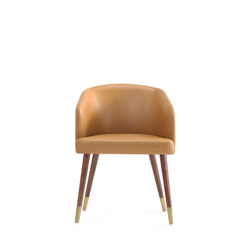 Modern Reeva Dining Chair Upholstered in Leatherette with Beech Wood Back and Solid Wood Legs in Walnut and Camal