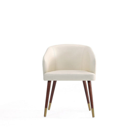 Modern Reeva Dining Chair Upholstered in Leatherette with Beech Wood Back and Solid Wood Legs in Walnut and Cream
