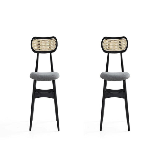 Colbert Dining Chair in Black and Cane with Grey Upholstered Seating - Set of 2