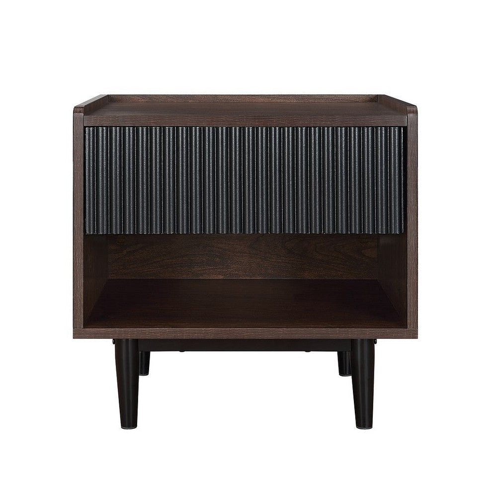 Duane Modern Ribbed Nightstand with Full Extension Drawer in Dark Brown and Black