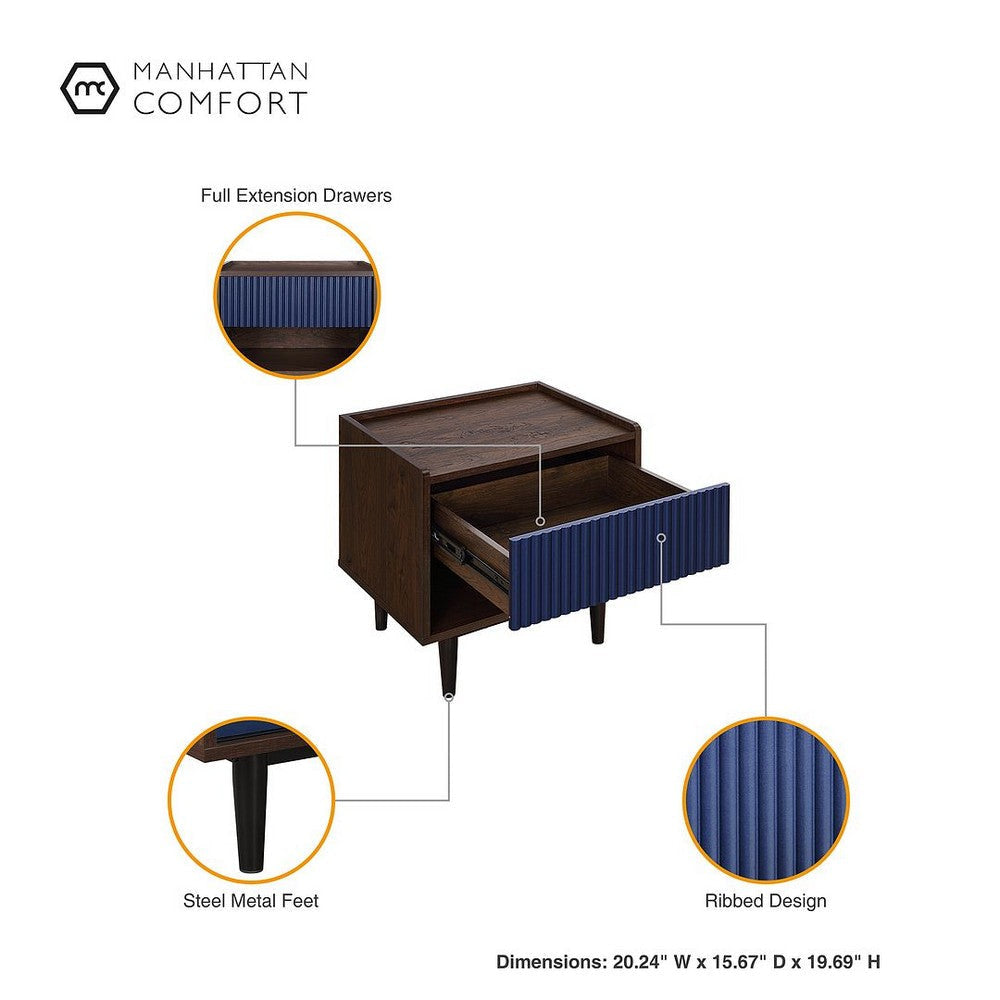 Duane Modern Ribbed Nightstand with Full Extension Drawer in Dark Brown and Navy Blue MHC-NS-10GLF-NB