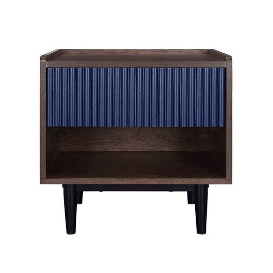 Duane Modern Ribbed Nightstand with Full Extension Drawer in Dark Brown and Navy Blue