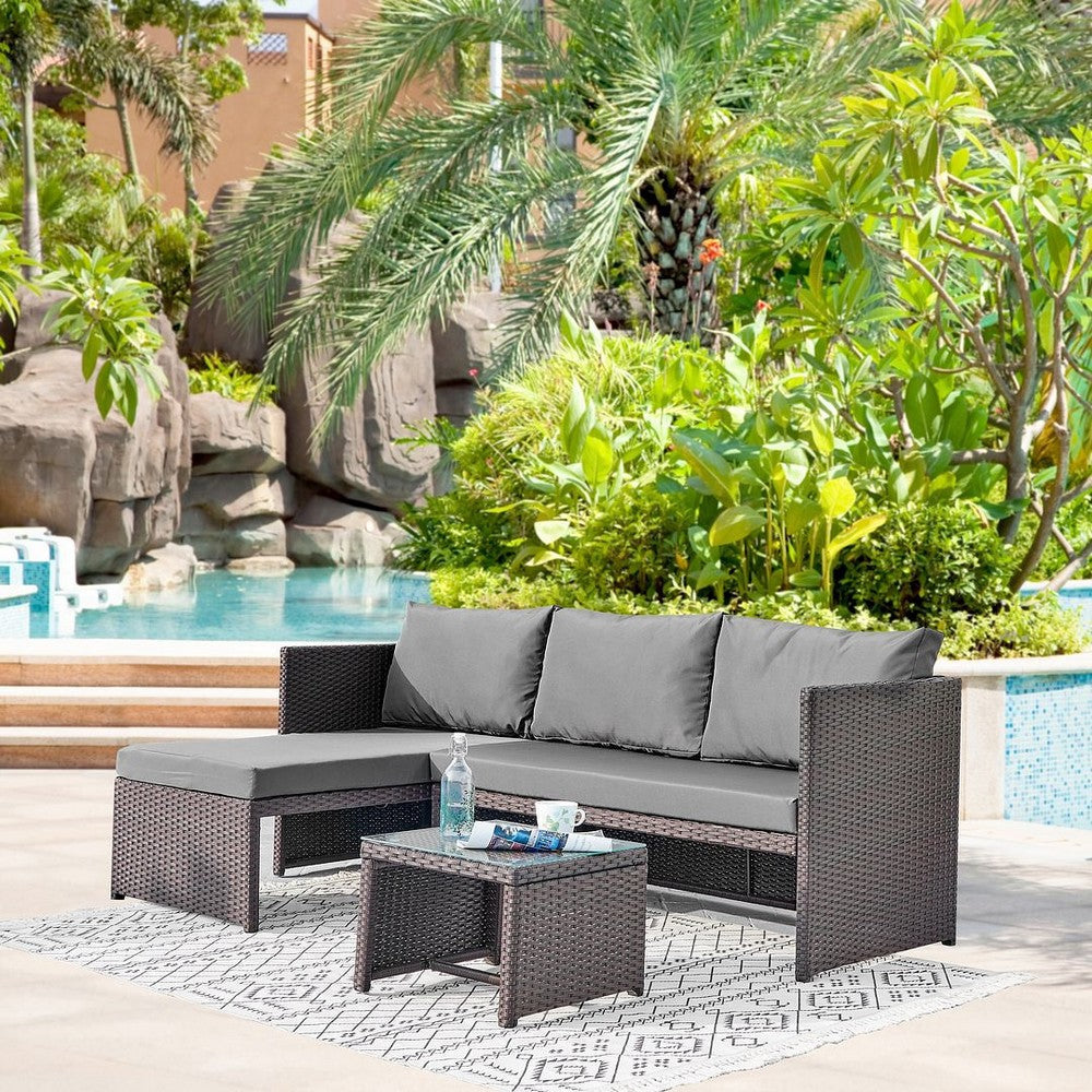 Menton Steel Rattan 2-Piece Chair Lounge and 2 Seater with Coffee Table Patio Set in Grey MHC-OD-CV009-GY