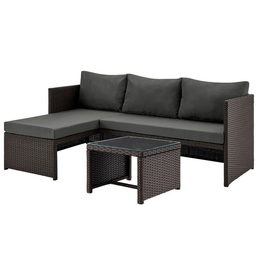 Menton Steel Rattan 2-Piece Chair Lounge and 2 Seater with Coffee Table Patio Set in Grey