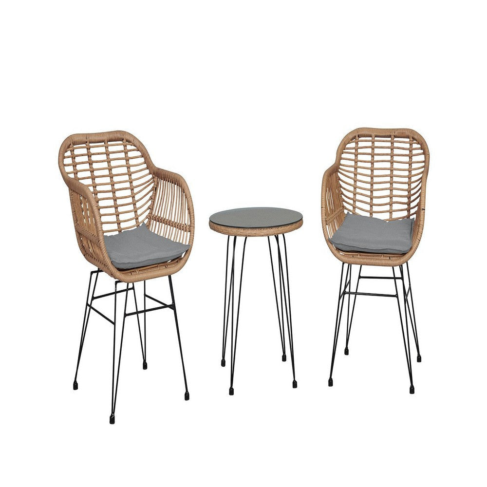 Antibes 1.0 Steel Rattan 3-Piece Patio Conversation Set with Cushions in Grey