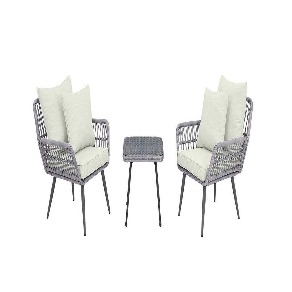 Cannes Rope Wicker 3-Piece Patio Conversation Set with Cushions in Cream