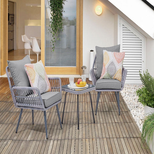 Cannes Rope Wicker 3-Piece Patio Conversation Set with Cushions in Grey