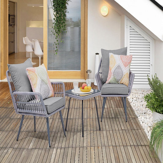 Cannes Rope Wicker 3-Piece Patio Conversation Set with Cushions in Grey