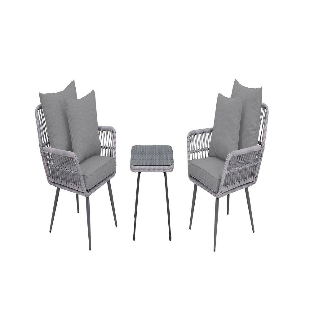 Cannes Rope Wicker 3-Piece Patio Conversation Set with Cushions in Grey