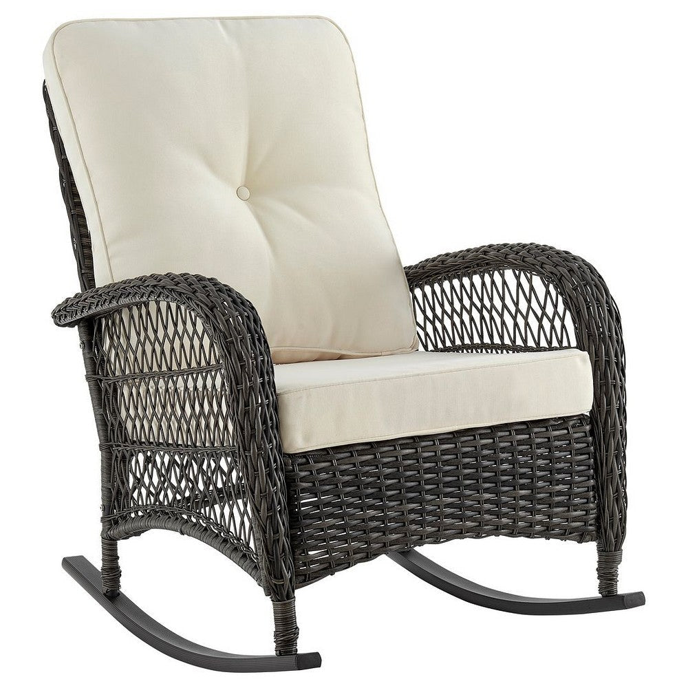 Furttuo Steel Rattan Outdoor Rocking Chair with Cushions in Cream
