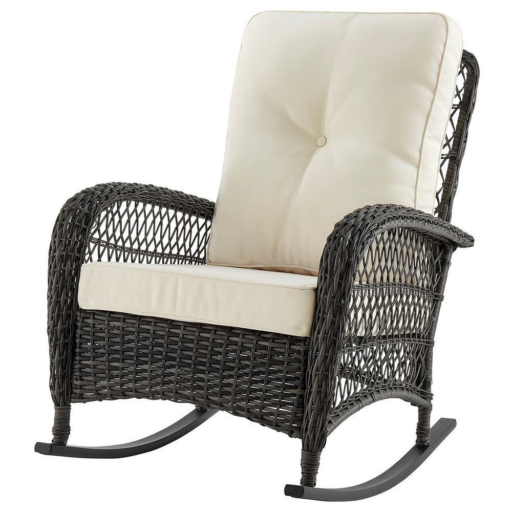 Furttuo Steel Rattan Outdoor Rocking Chair with Cushions in Cream MHC-OD-CV017-CR