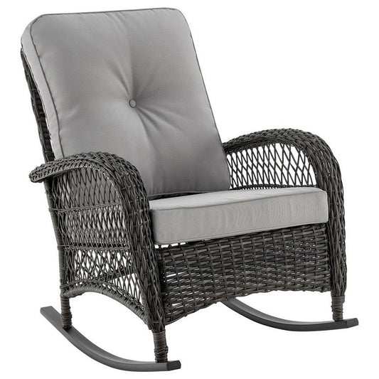 Furttuo Steel Rattan Outdoor Rocking Chair with Cushions in Grey