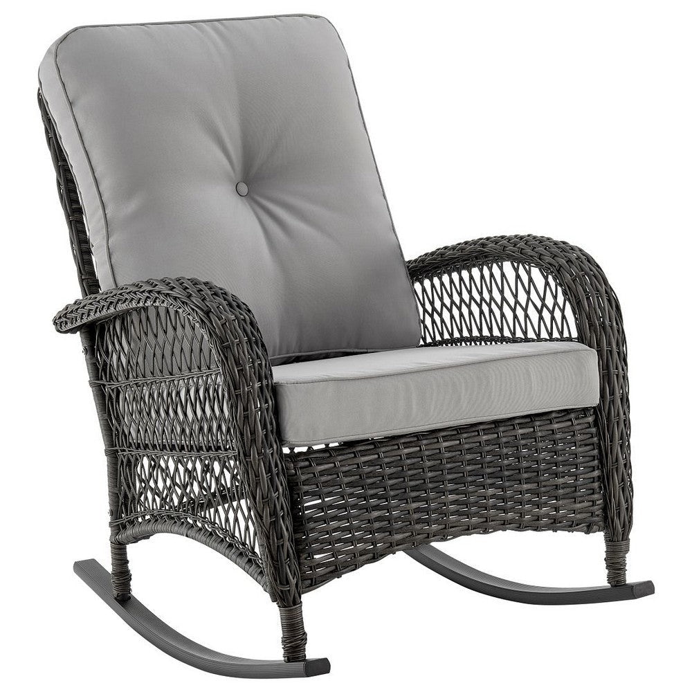 Furttuo Steel Rattan Outdoor Rocking Chair with Cushions in Grey