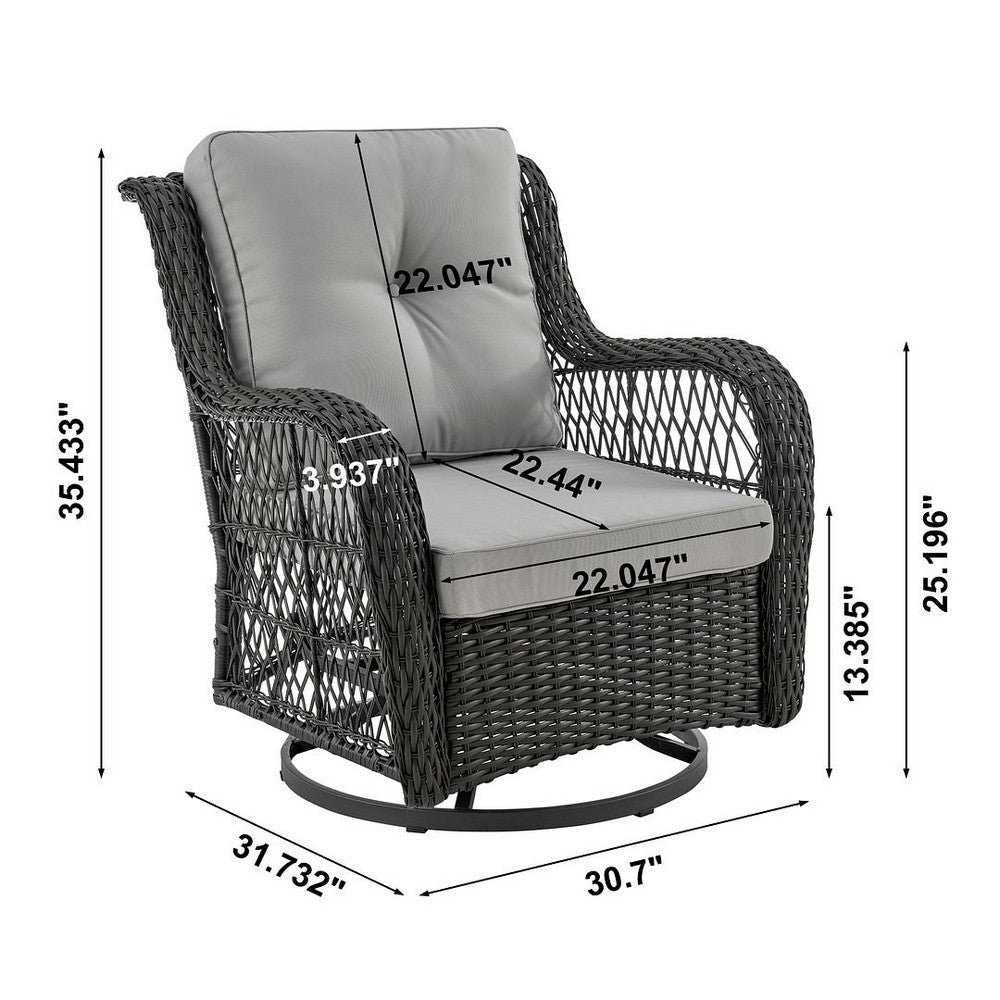Fruttuo Swivel Steel Rattan 3-Piece Patio Conversation Set with Cushions in Grey MHC-OD-CV018-GY