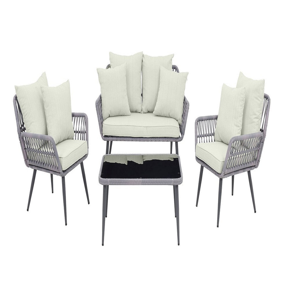 Portofino Rope Wicker 4-Piece Patio Conversation Set with Cushions in Cream