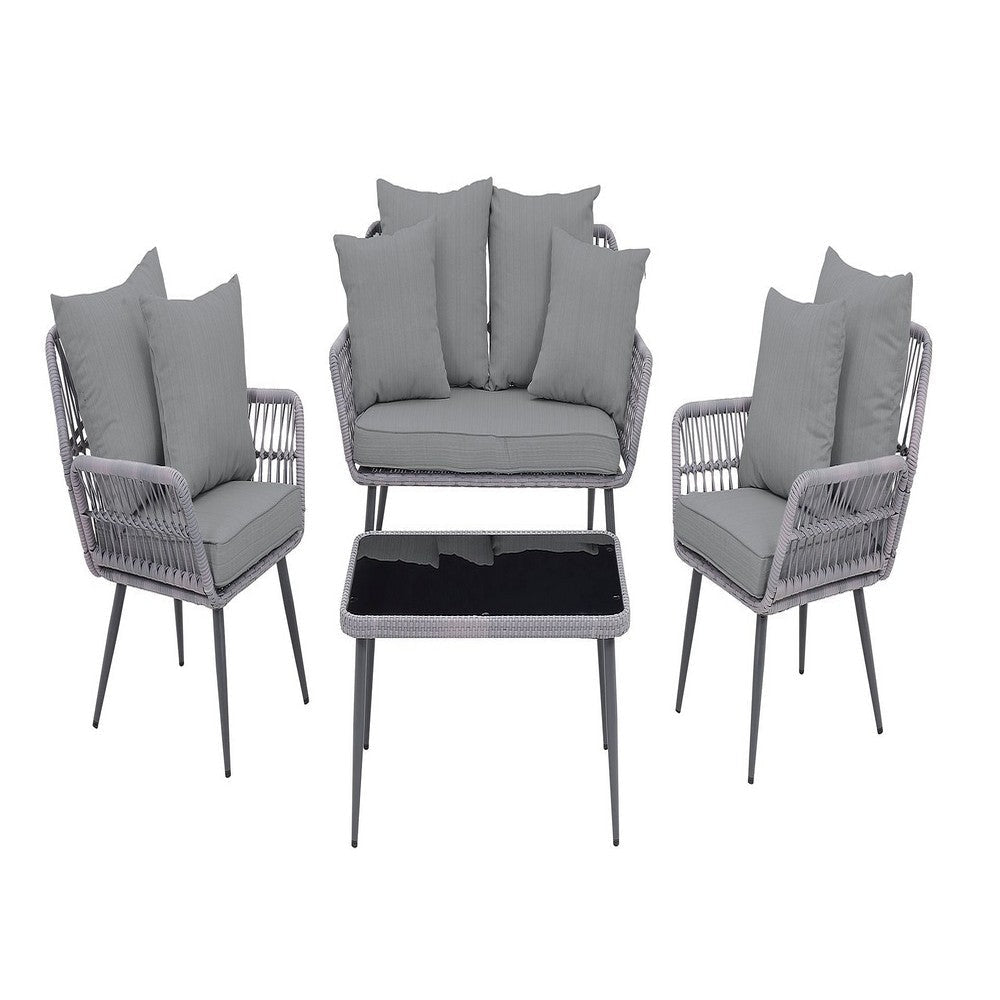 Portofino Rope Wicker 4-Piece Patio Conversation Set with Cushions in Grey