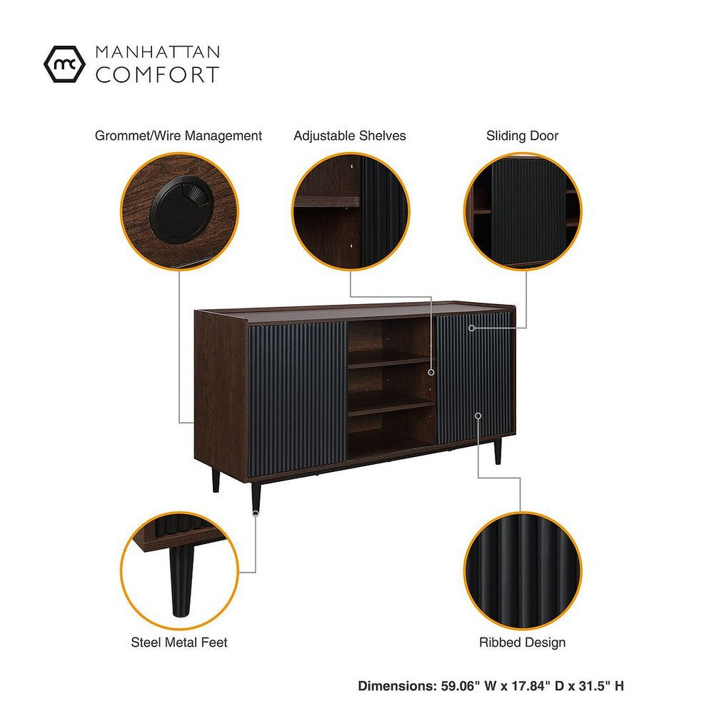Duane 59.05 Modern Ribbed Sideboard with Adjustable Shelves in Dark Brown and Black MHC-SB-9GLF-BK