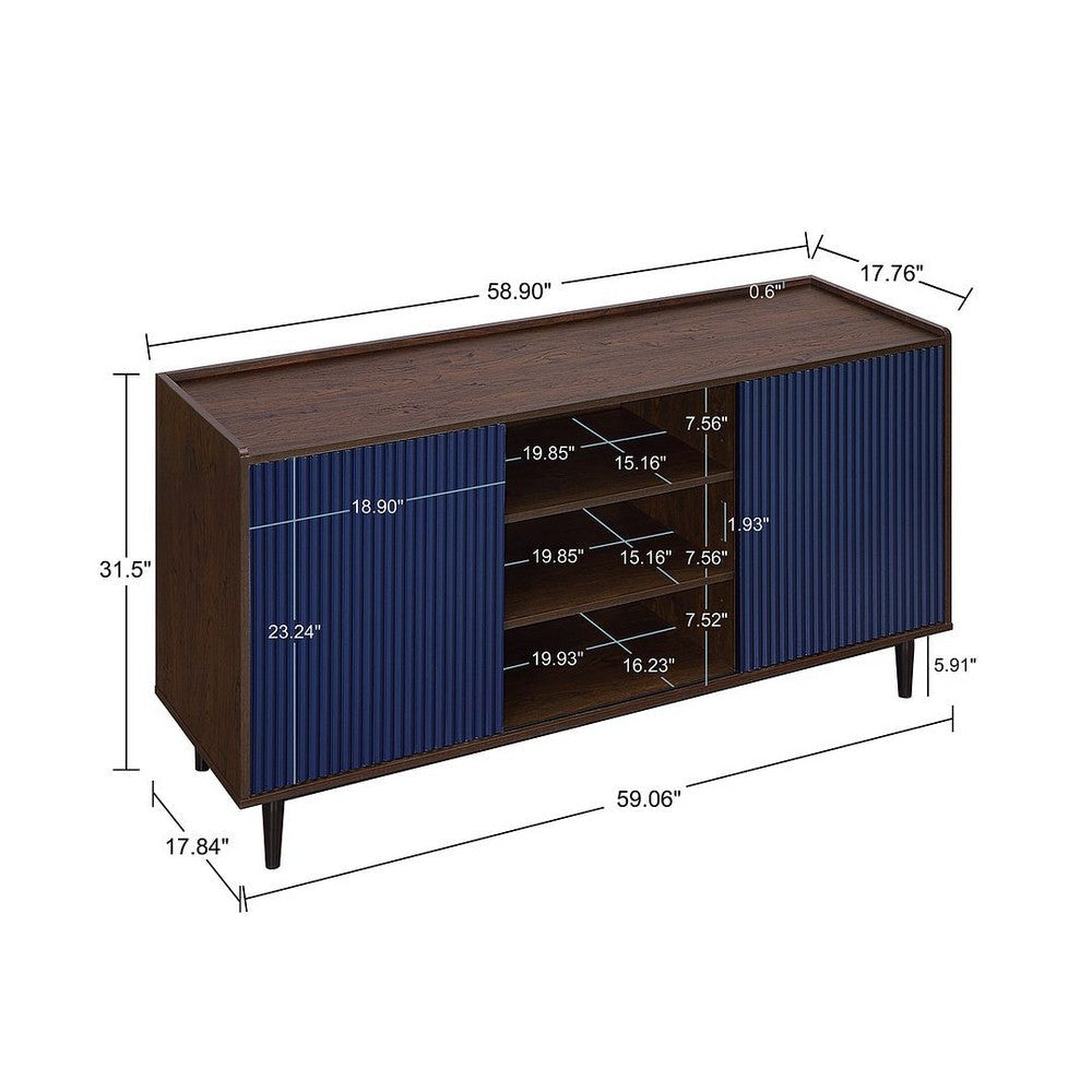 Duane 59.05 Modern Ribbed Sideboard with Adjustable Shelves in Dark Brown and Navy Blue MHC-SB-9GLF-NB