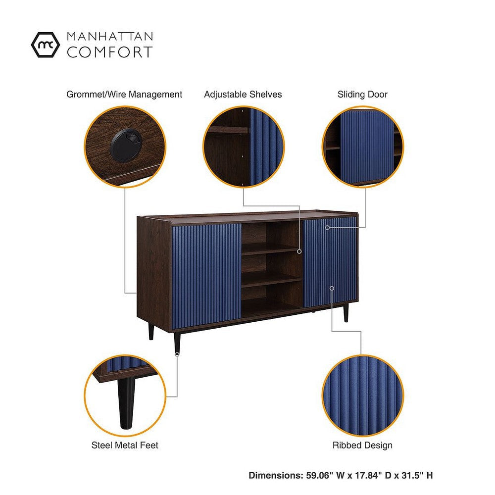 Duane 59.05 Modern Ribbed Sideboard with Adjustable Shelves in Dark Brown and Navy Blue MHC-SB-9GLF-NB
