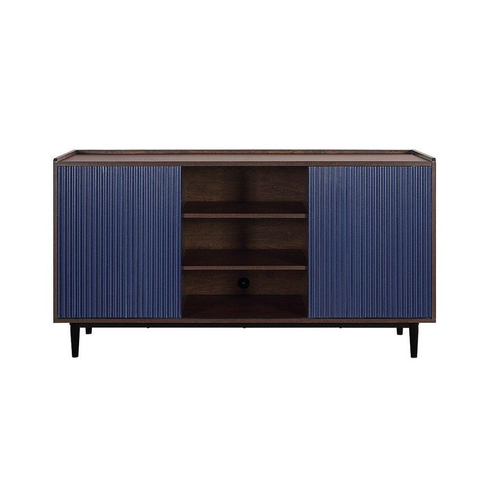 Duane 59.05 Modern Ribbed Sideboard with Adjustable Shelves in Dark Brown and Navy Blue