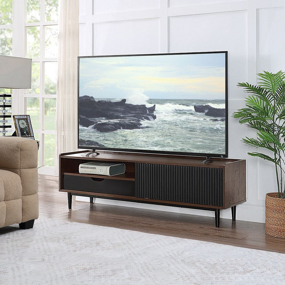 Duane 59.25 Modern Ribbed TV Stand in Dark Brown and Black