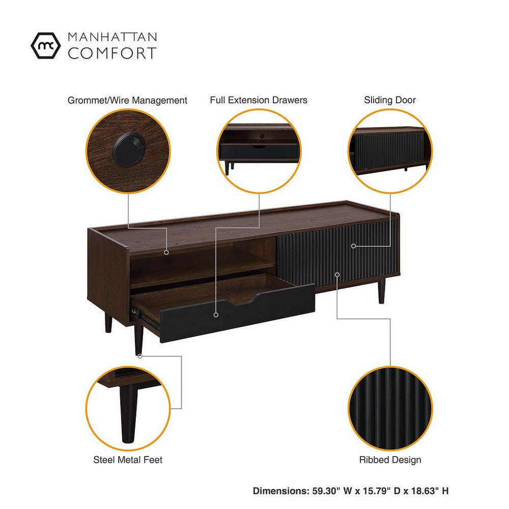 Duane 59.25 Modern Ribbed TV Stand in Dark Brown and Black MHC-TV-8GLF-BK