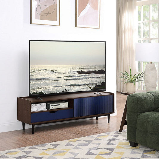 Duane 59.25 Modern Ribbed TV Stand in Dark Brown and Navy Blue