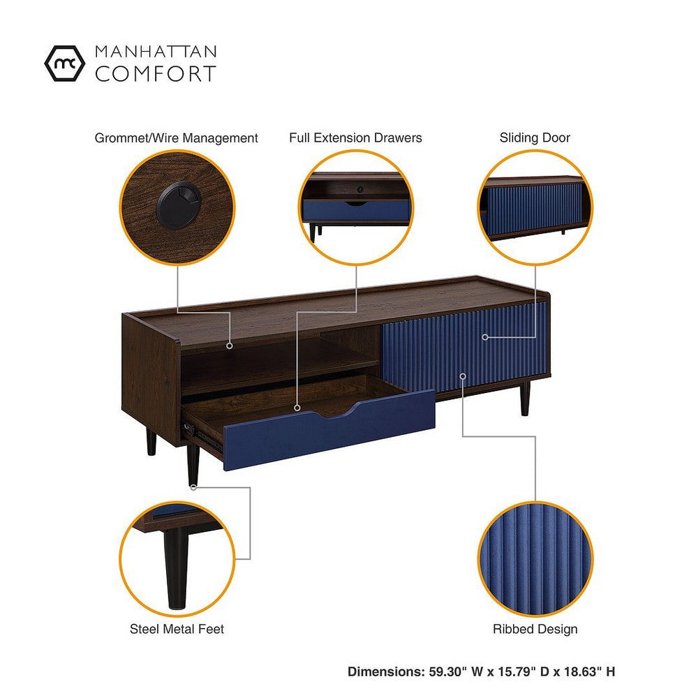 Duane 59.25 Modern Ribbed TV Stand in Dark Brown and Navy Blue MHC-TV-8GLF-NB