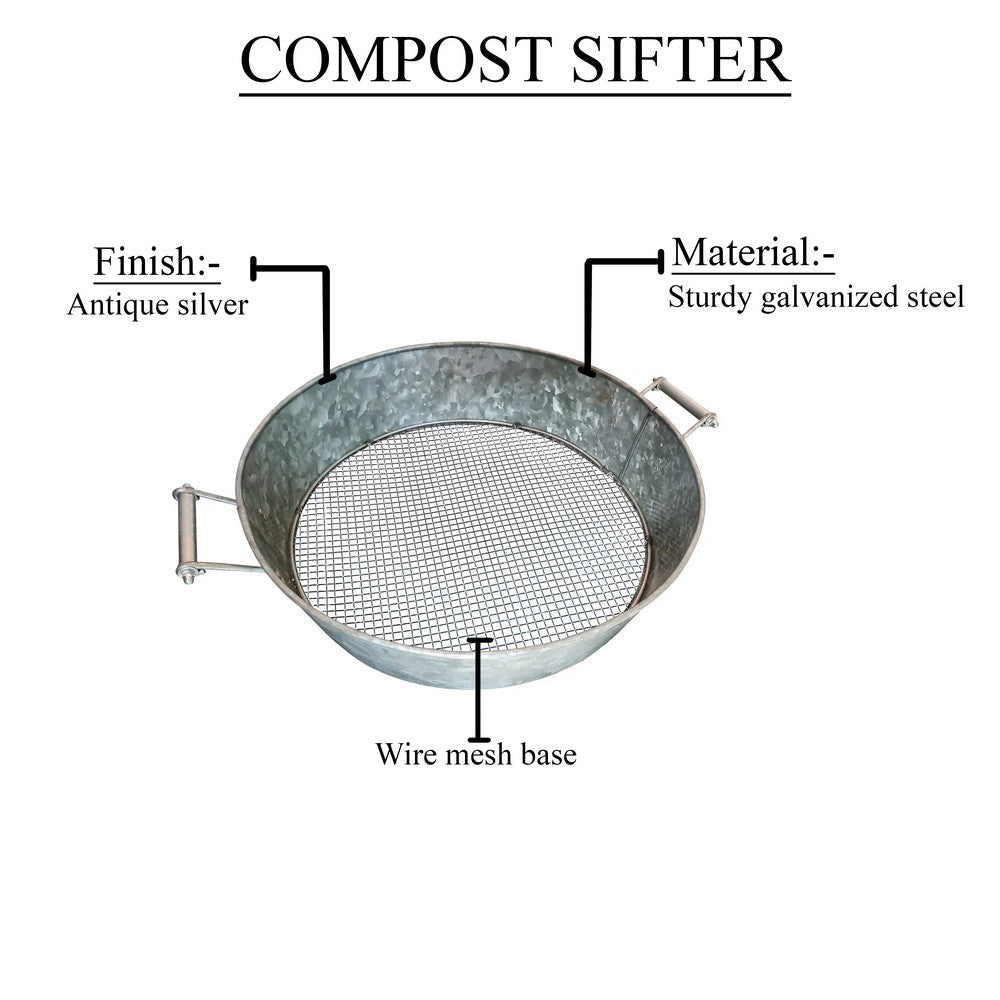 Round Galvanized Steel Compost Sifter with Wire Mesh Design Base Antique Silver MIL-CS-03
