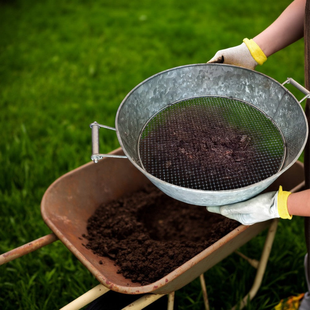 Round Galvanized Steel Compost Sifter with Wire Mesh Design Base Antique Silver MIL-CS-03