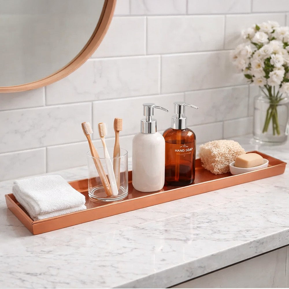 29 Inch Rectangular Metal Windowsill Planter Tray, Trim Edges, Large, Copper - BM195220