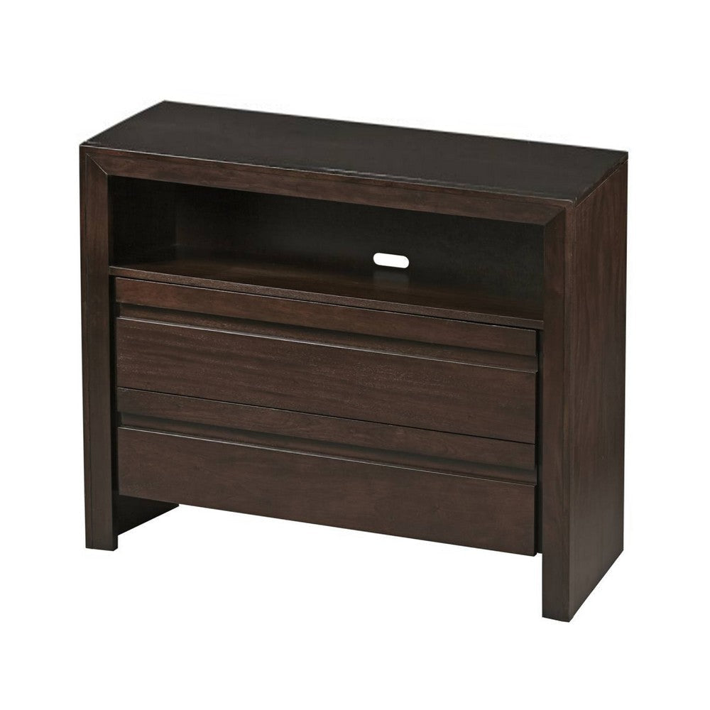 Wooden Media Chest with One Open Shelf and Two Drawers, Dark Brown