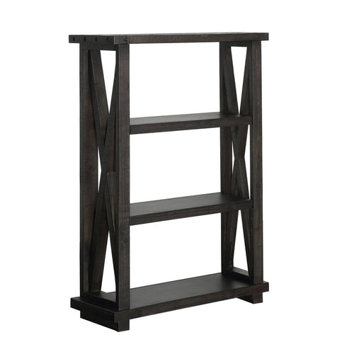 Three Tier Wooden Bookshelf with Exposed Bolts and Rustic Cross Bracing, Brown