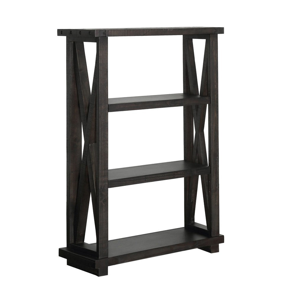 Three Tier Wooden Bookshelf with Exposed Bolts and Rustic Cross Bracing, Brown