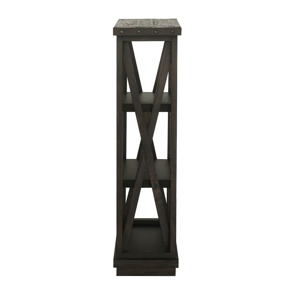 Three Tier Wooden Bookshelf with Exposed Bolts and Rustic Cross Bracing Brown MSF-7YC9193954