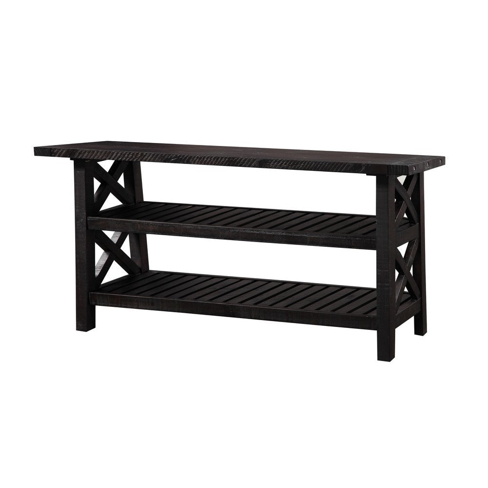Slatted Two Tier Console table with Cross Side Panels Rustic Cafe Brown MSF-7YC923