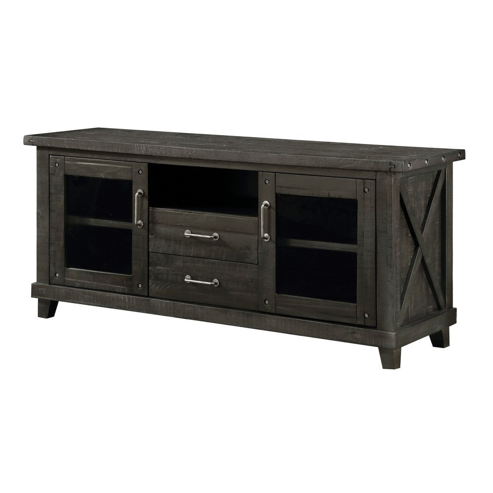 Wooden Media Console with Two Drawers and Two Glass Door Cabinets Brown MSF-7YC926D