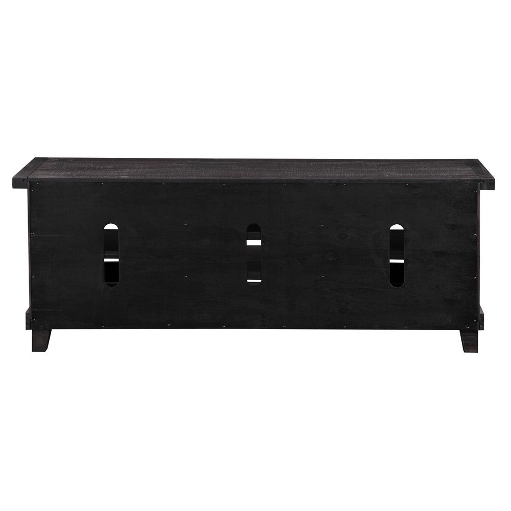 Three Open Shelves Entertainment Center with Exposed Bolts and Cross Bracing, Brown