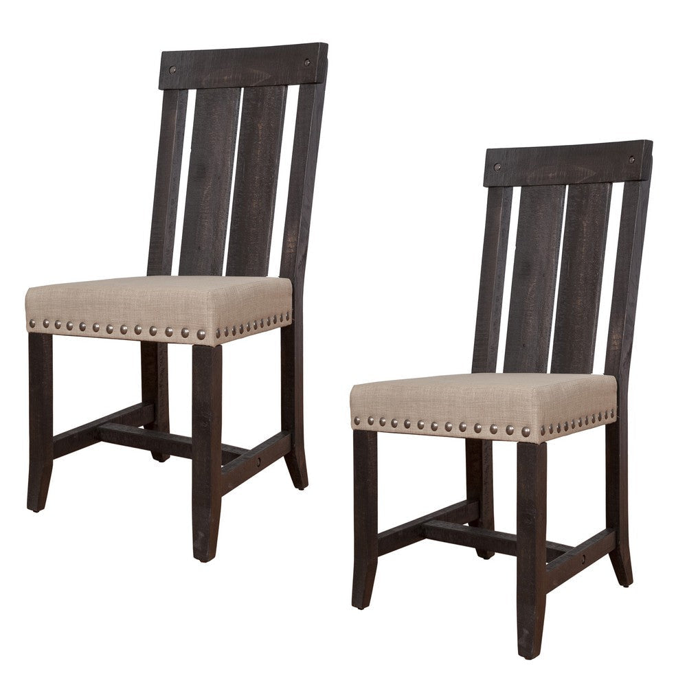 Wooden Chair with Fabric Upholstered Seat and Slat Style Back, Set of 2, Black and Beige