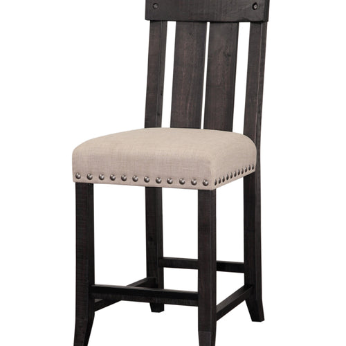 Wooden Counter Height Stool with Fabric Upholstered Seat and Slat Style Back,Set of 2, Black & Beige