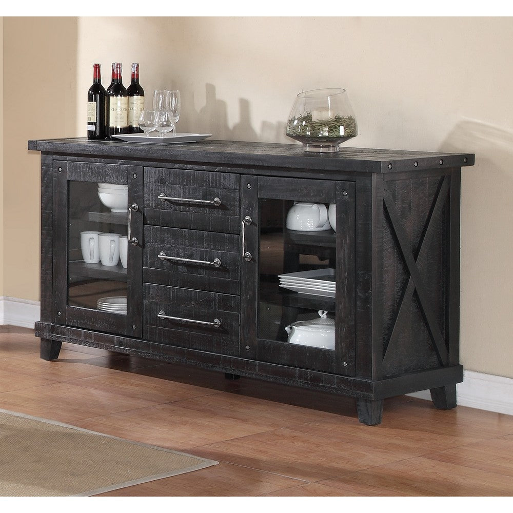 Multi Storage Wooden Sideboard with Two Glass Door Cabinets and Three Drawers Brown MSF-7YC973