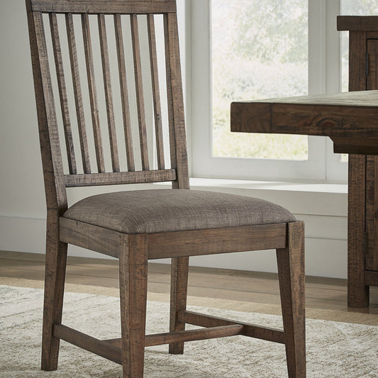 Wooden Chair with Fabric Upholstered Seat and Slat Style Back, Set of 2, Oak Brown and Gray