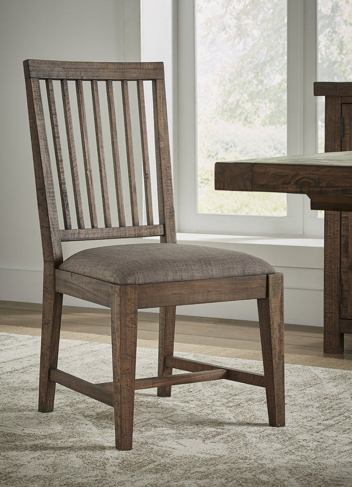 Wooden Chair with Fabric Upholstered Seat and Slat Style Back, Set of 2, Oak Brown and Gray