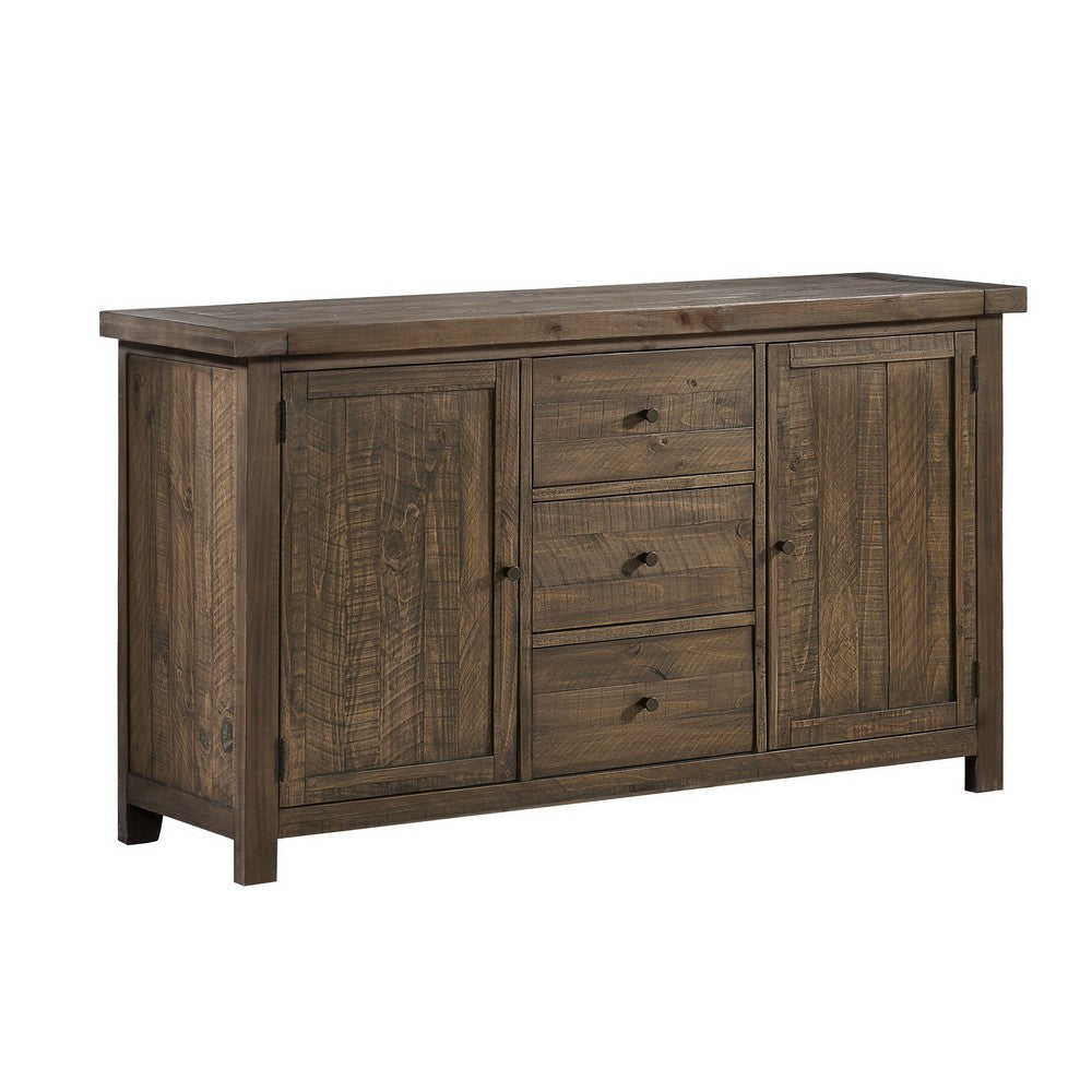 Wooden Sideboard with Three Drawers and Two Side Door Cabinets, Oak Brown
