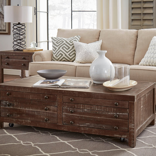 Wooden Four Drawer Coffee Table with Metal Knob Pull, Brown